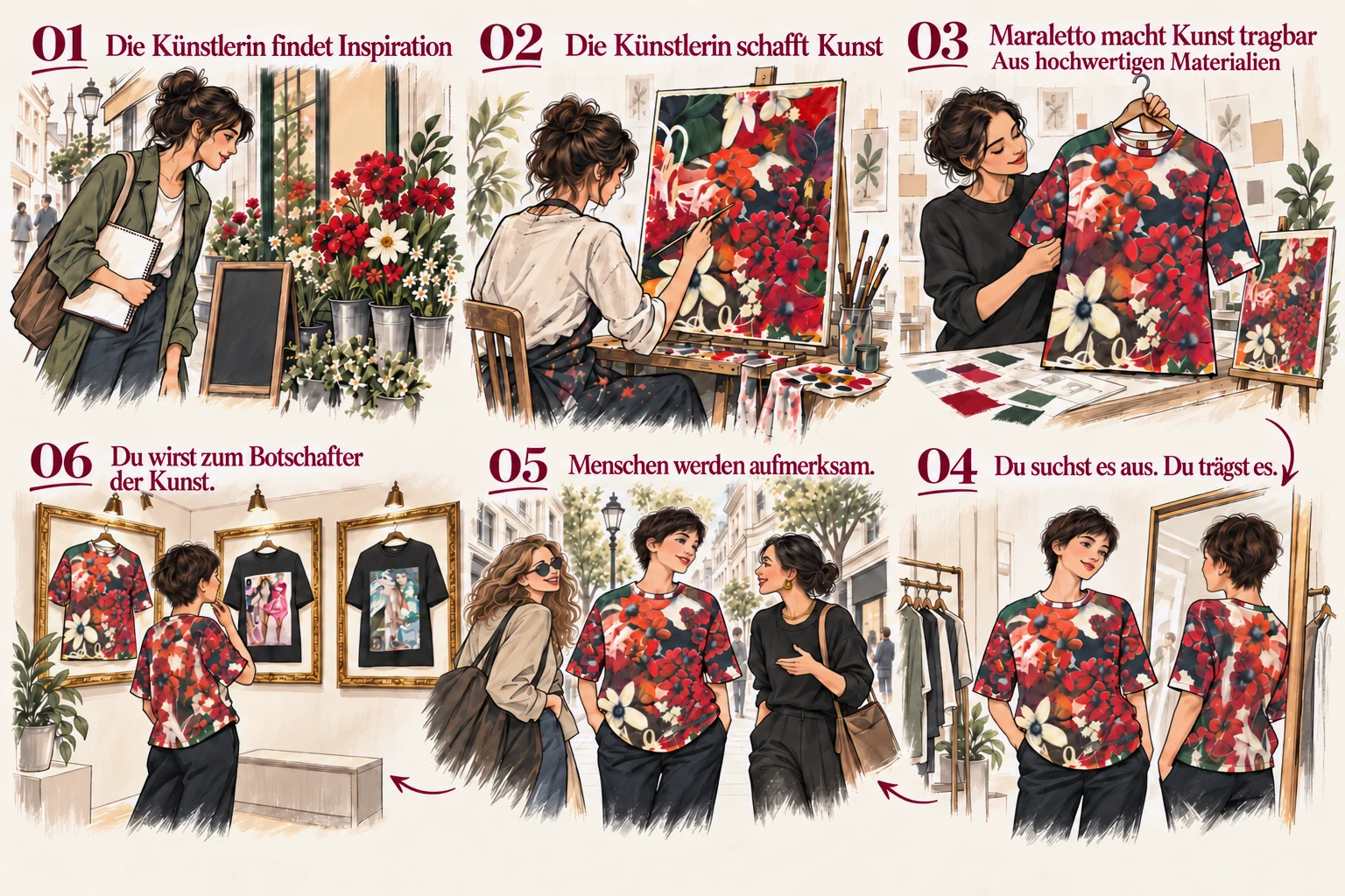 Sechs illustrierte Schritte: eine Künstlerin findet Inspiration an einem Blumenstand, malt das Werk, Maraletto reproduziert es auf einem T‑Shirt, jemand wählt und trägt es, andere bemerken es auf der Straße, und die Trägerin wird zur Botschafterin für das Werk der Künstlerin.
